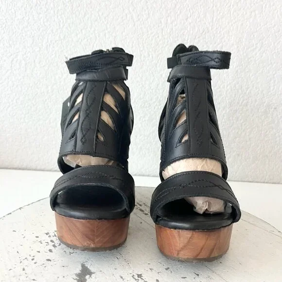 Lane Boots BECCA Womens Black Wedges 5.5 Western Sandals Cowgirl Leather Heels - Picture 5 of 11